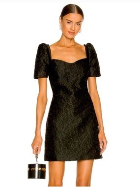 Elliatt Black Puff-Sleeve Sweetheart Jacquard Mini Dress